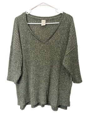 Faded Glory Ribbed Knit V-Neck Top 2X Olive Green Oversized Stretch